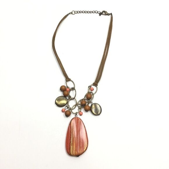 Orange Medallion Necklace, Orange & Gold Medallion Necklace, Suede - Picture 3 of 8